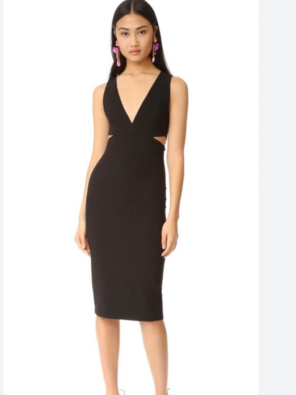 Alice + Olivia Riki Black Midi V‑Neck Cutout Dress